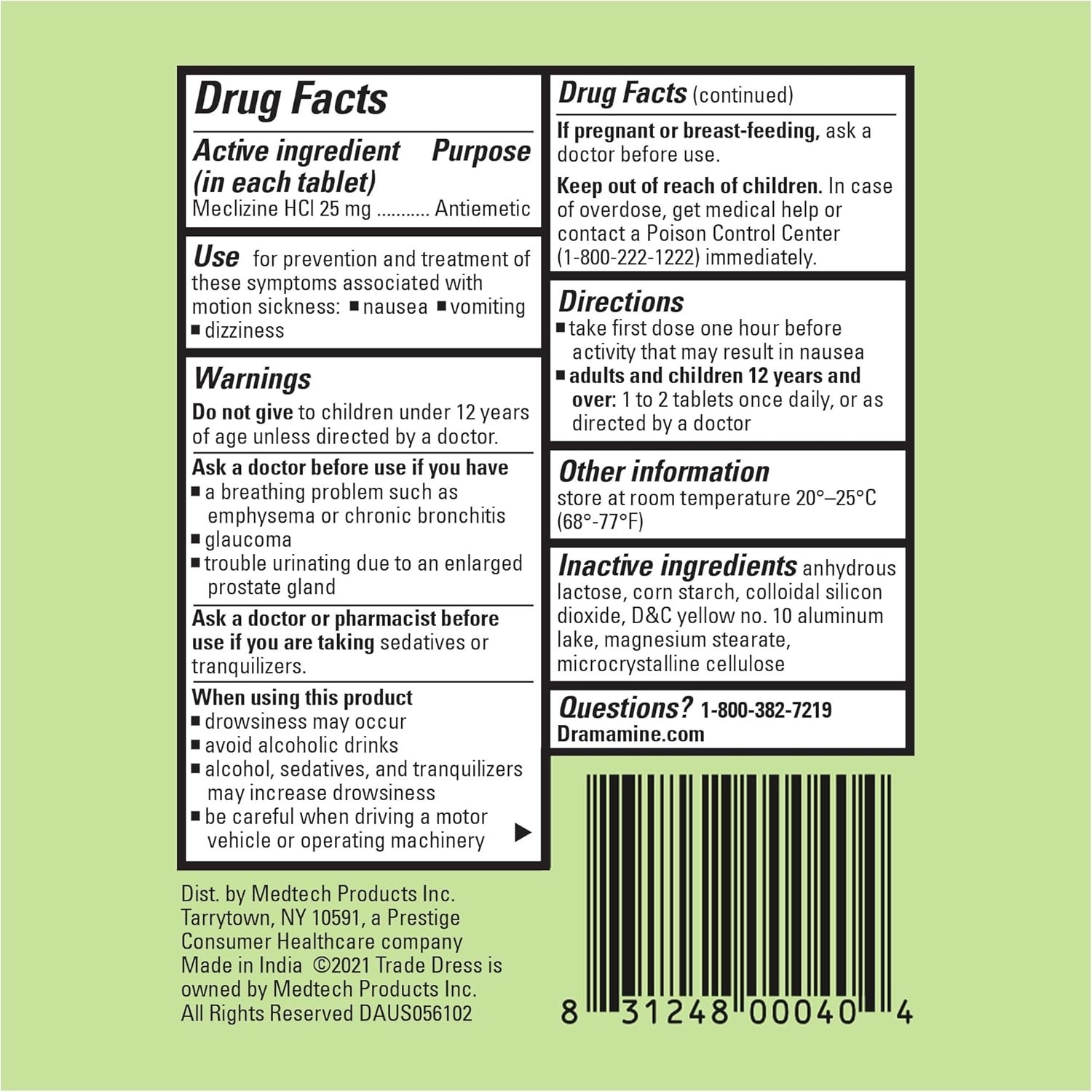 ยาบรรเทาอาการเคลื่อนไส้วิงเวียนและอาเจียน Dramamine Nausea Long Lasting Dizziness & Vomiting Relief (20 Tablets)