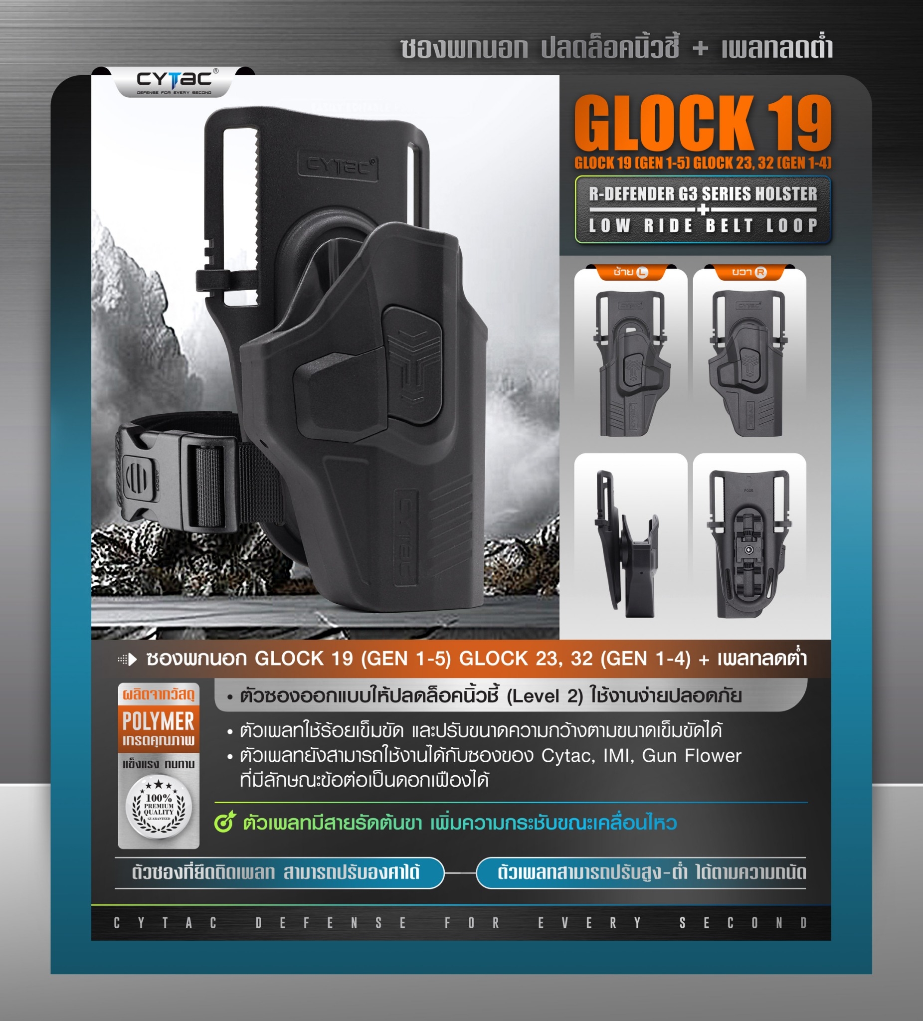 CYTAC thailand ซองพกนอก GL0CK 19 + เพลทลดต่ำ (ปลดล็อคนิ้วชี้)