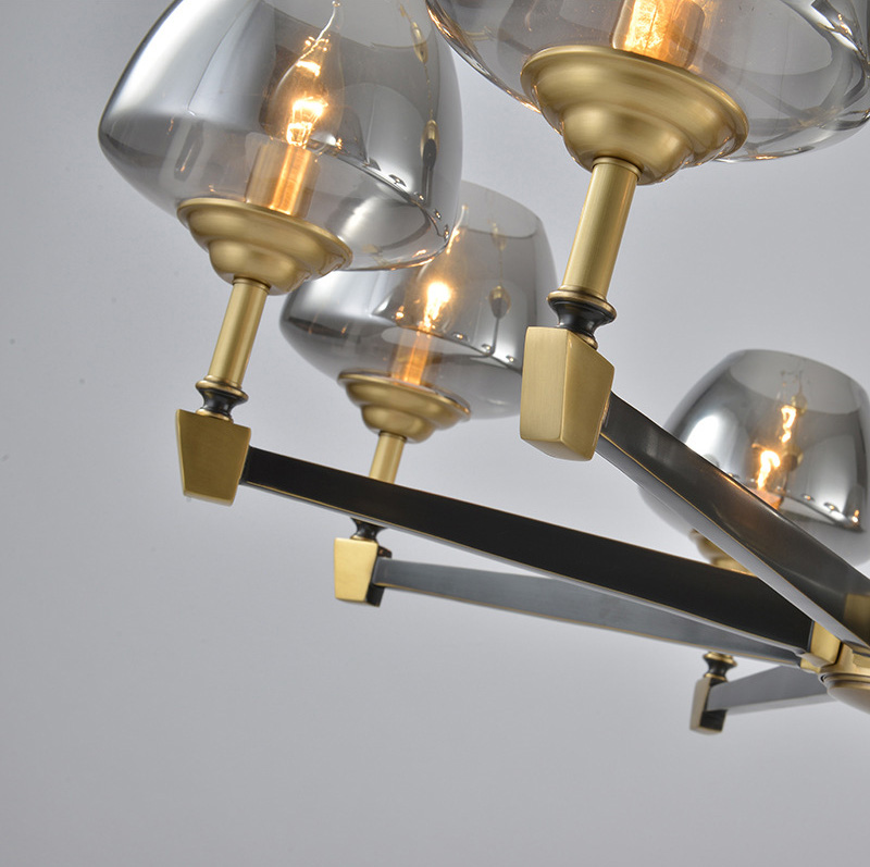 โคมไฟระย้าสไตล์วินเทจ luxury retro 6 ดวง โป๊ะแก้วสีเทารมควัน [GC628]