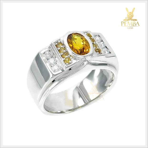 แหวนบุษราคัมแท้ สีเหลืองทอง เงินแท้ ชุบทองคำขาว ใส่เสริมอำนาจบารมี