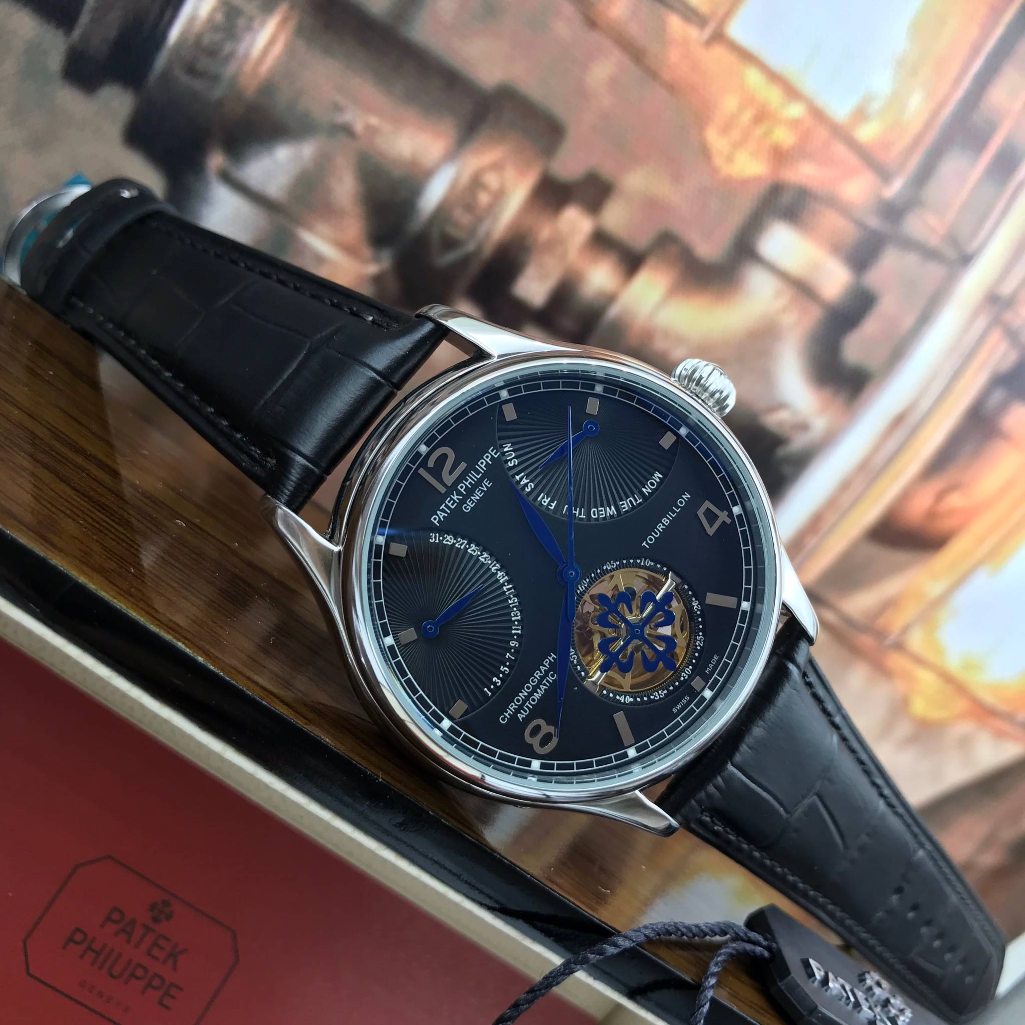 นาฬิกา Patek Philippe สีเงิน หน้าดำ งานเกรด Top Mirror Swiss สายหนังดำ