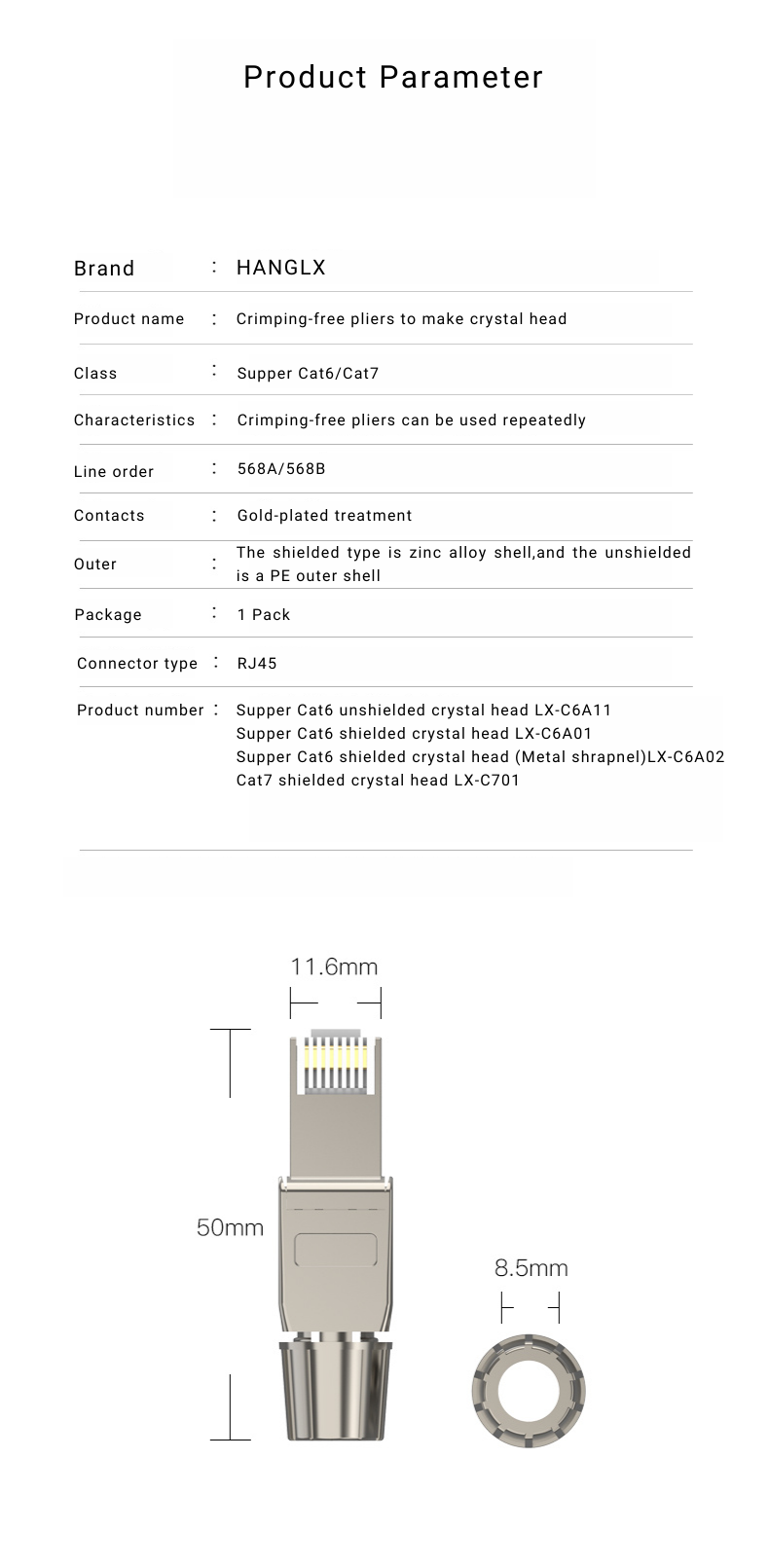 หัวแลน RJ45 Shielded (ไม่ใช้คีมย้ำ,ใช้ซ้ำได้)สำหรับงานวิศวกรรมและทั่วไป LX-C6A01