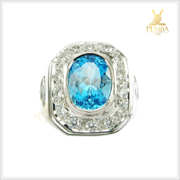 แหวนสวิสบลูโทแพซแท้ สีฟ้าสดใสไฟดี เงินแท้925 ชุบทองคำขาว