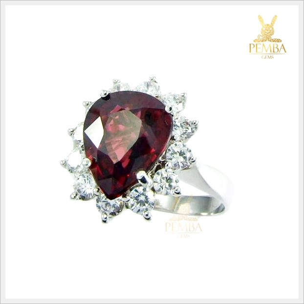 แหวนโรโดไลต์ เงินแท้ ชุบทองคำขาว รูปหยดน้ำสวยเก๋ แหวนพลอยแท้