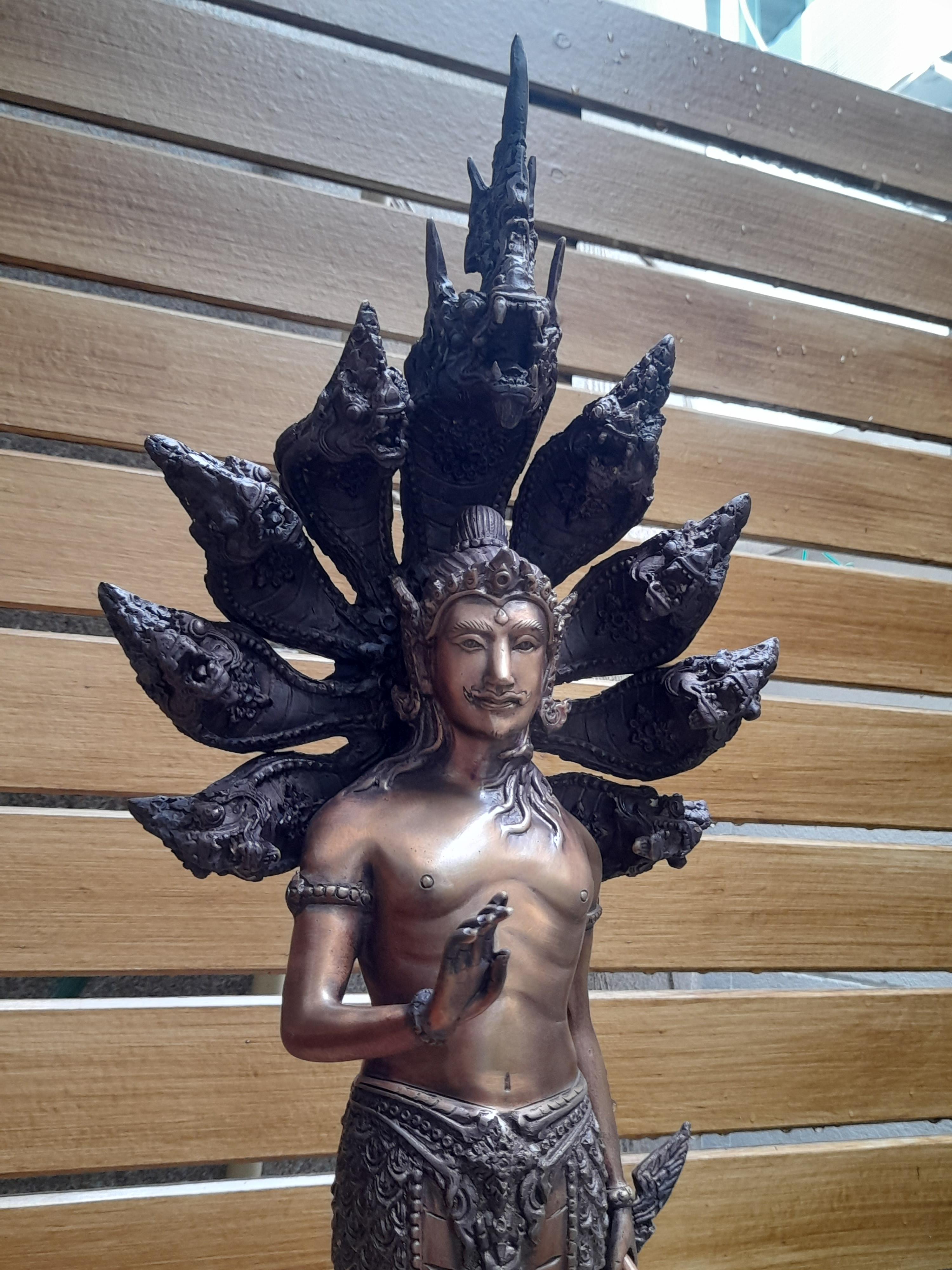 รูปหล่อ พญานาคราช ปาง ประทานพร มนุษย์ ครึ่งพญานาค นาคปรก 9หัว เศียร เนื้อทองเหลือง สีสัมฤทธิ์ (สูง22นิ้ว) (งานพรีออเดอร์สั่งทำ 2เดือน)