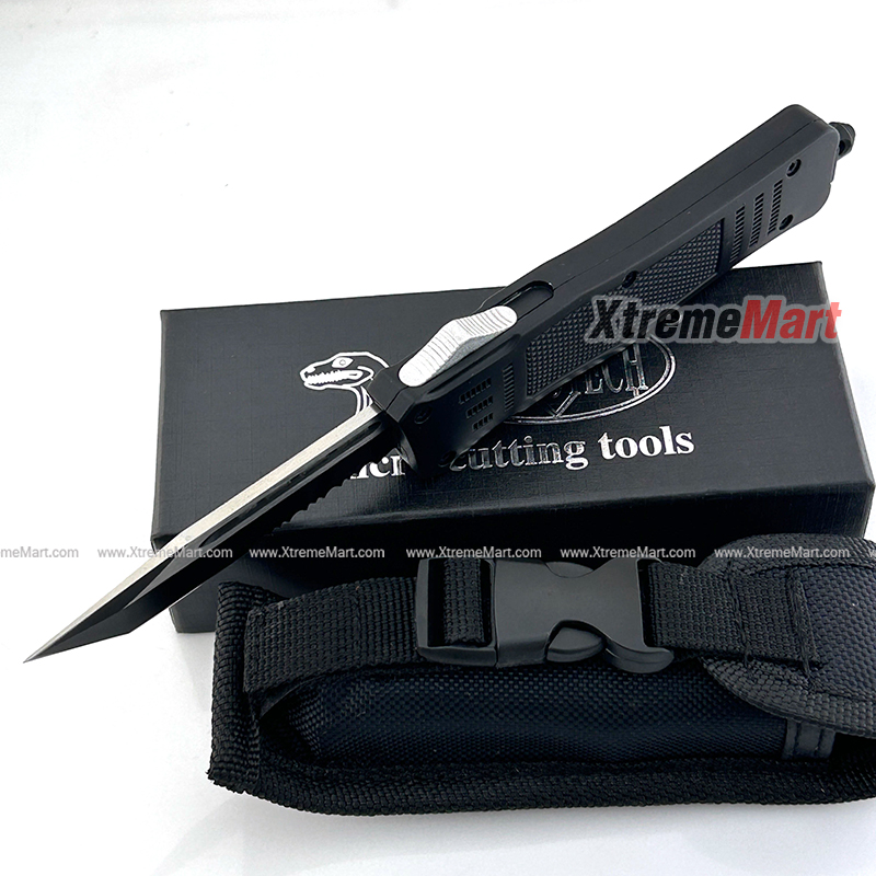 มีดสปริงตรง Microtech ขนาดกลาง ใบ Tanto คมด้านเดียว กึ่งหยัก Combat Troodon 00556 D/E Automatic Knife Camping Tool