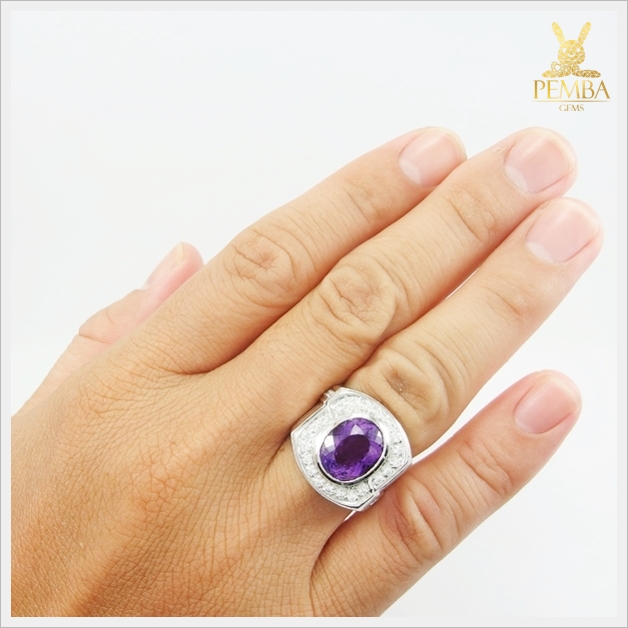 แหวนอเมทิสต์ ล้อมเพชรCZ เงินแท้925 ชุบทองคำขาว แหวนพลอยแท้