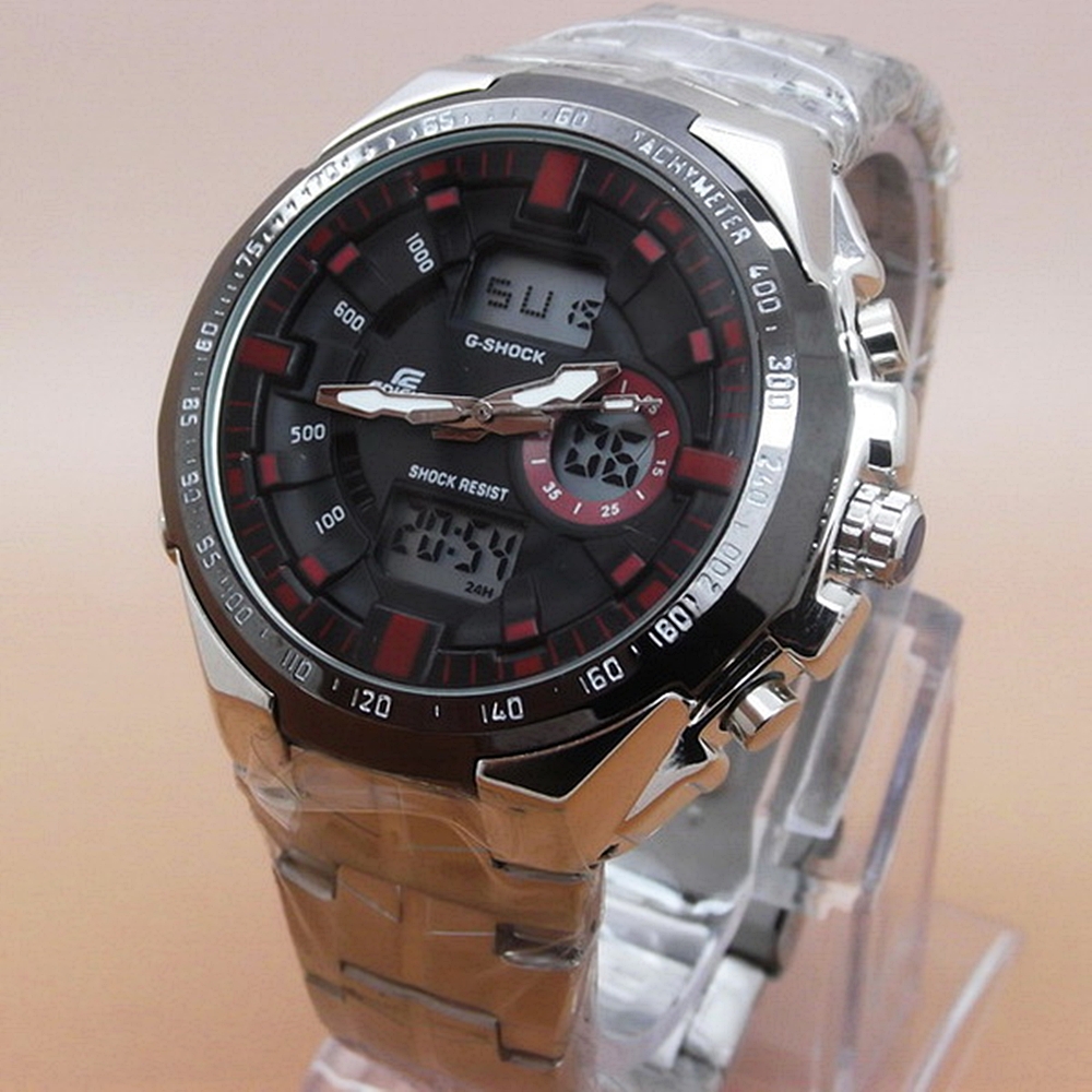 นาฬิกา Casio Edifice เกรด AAA 2 ระบบหน้าปัดสีแดง สายเลสสีเงิน ขั้นเทพ