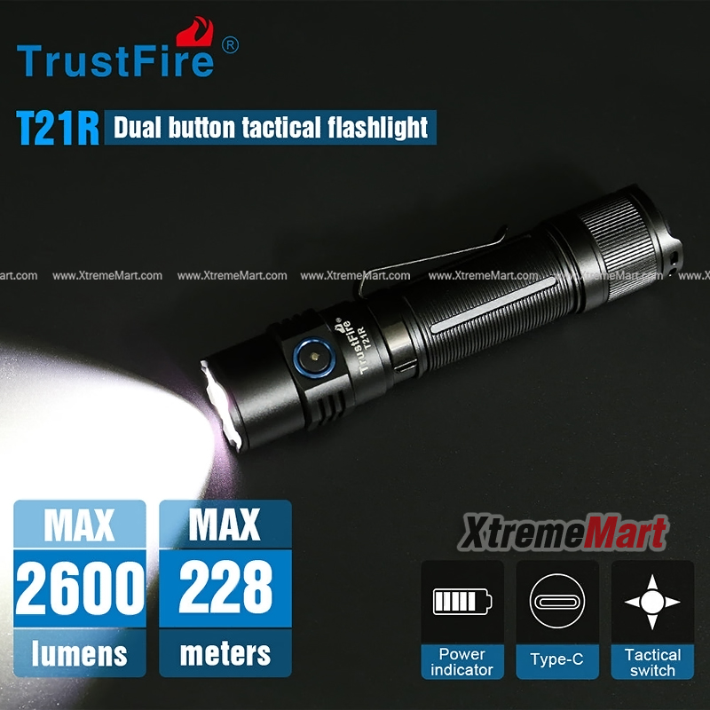ไฟฉาย TrustFire T21R 2600 lumens flashlight Magnetic-Charging torch พร้อมแบตเตอรี่ 21700 และ สายชาร์จ ขนาดกะทัดรัดพอดีมือ
