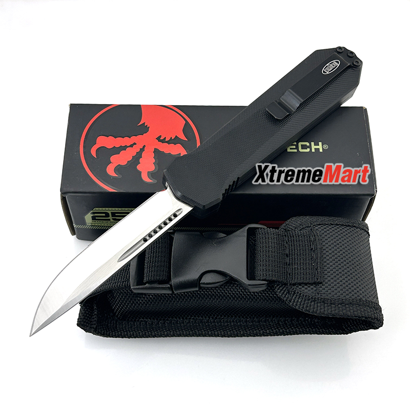 มีดสปริง Microtech (New Ultratech V2) คมเดียว ใบเงิน ด้ามดำ Combat Troodon Automatic Knife