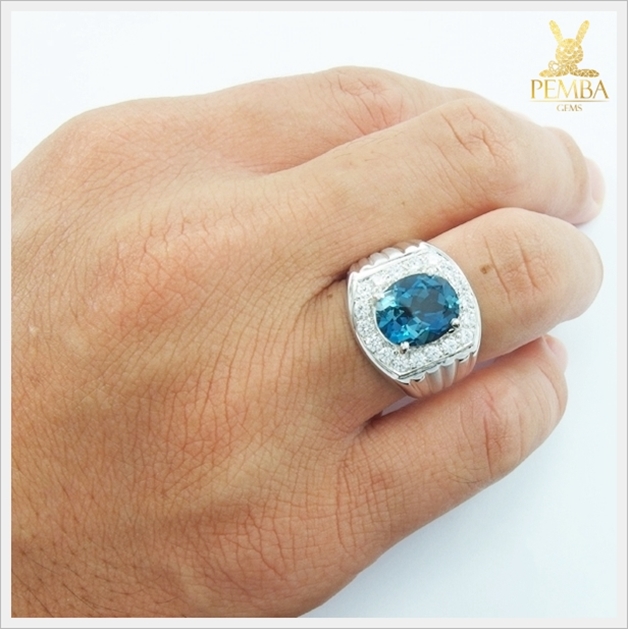 แหวนลอนดอนบลูโทแพซ เงินแท้925 ชุบทองคำขาว สวยใสไฟดี