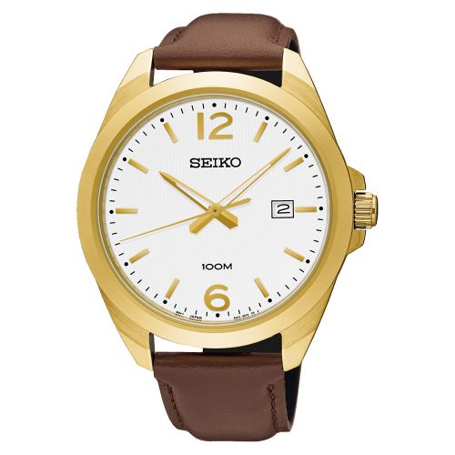 Seiko Classic Mens Watch Leather white and gold dial SUR216P1