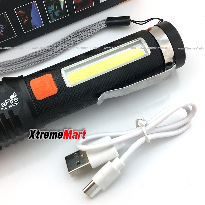 ชุดเซตไฟฉายซูม Ultrafire หลอด XHP-50 + COB รุ่น P16 38000W แสงขาว 2000LM 4โหมด พร้อมแบตเตอรี่และสายชาร์จ USB