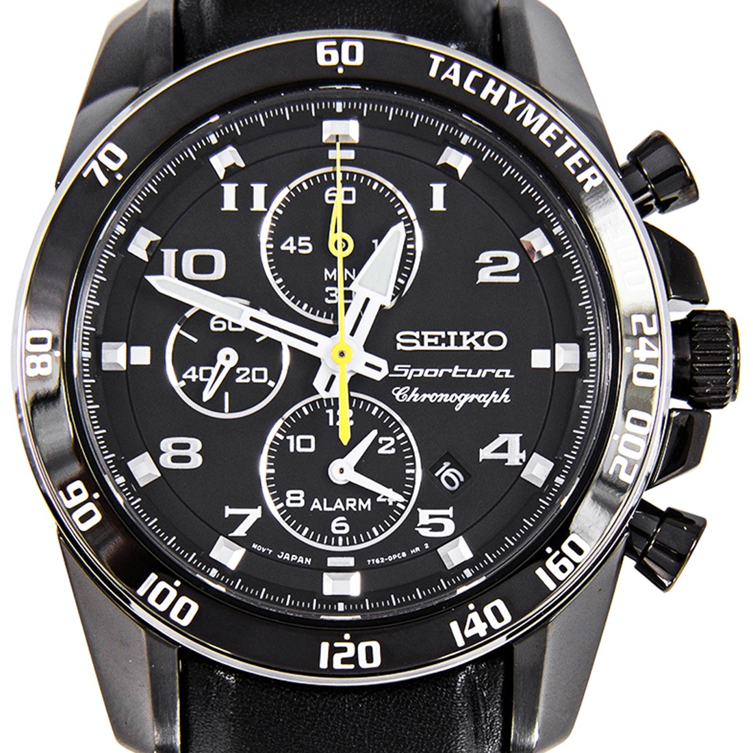 Seiko Sportura Black Dial Black Leather Band Mens Watch SNAE67P1