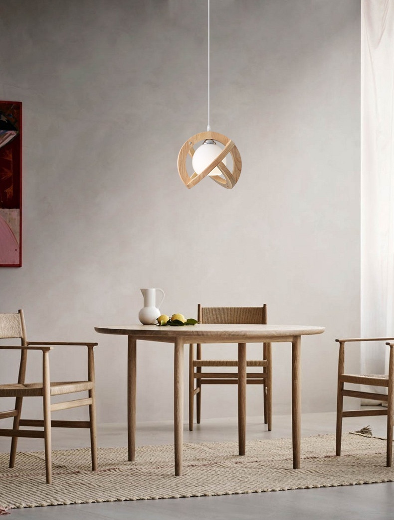 โคมไฟแขวนเพดานสไตล์ไม้ญี่ปุ่นลายเส้นทรงกลมมีแก้วสีขาวนมซ้อนด้านใน [M5601]