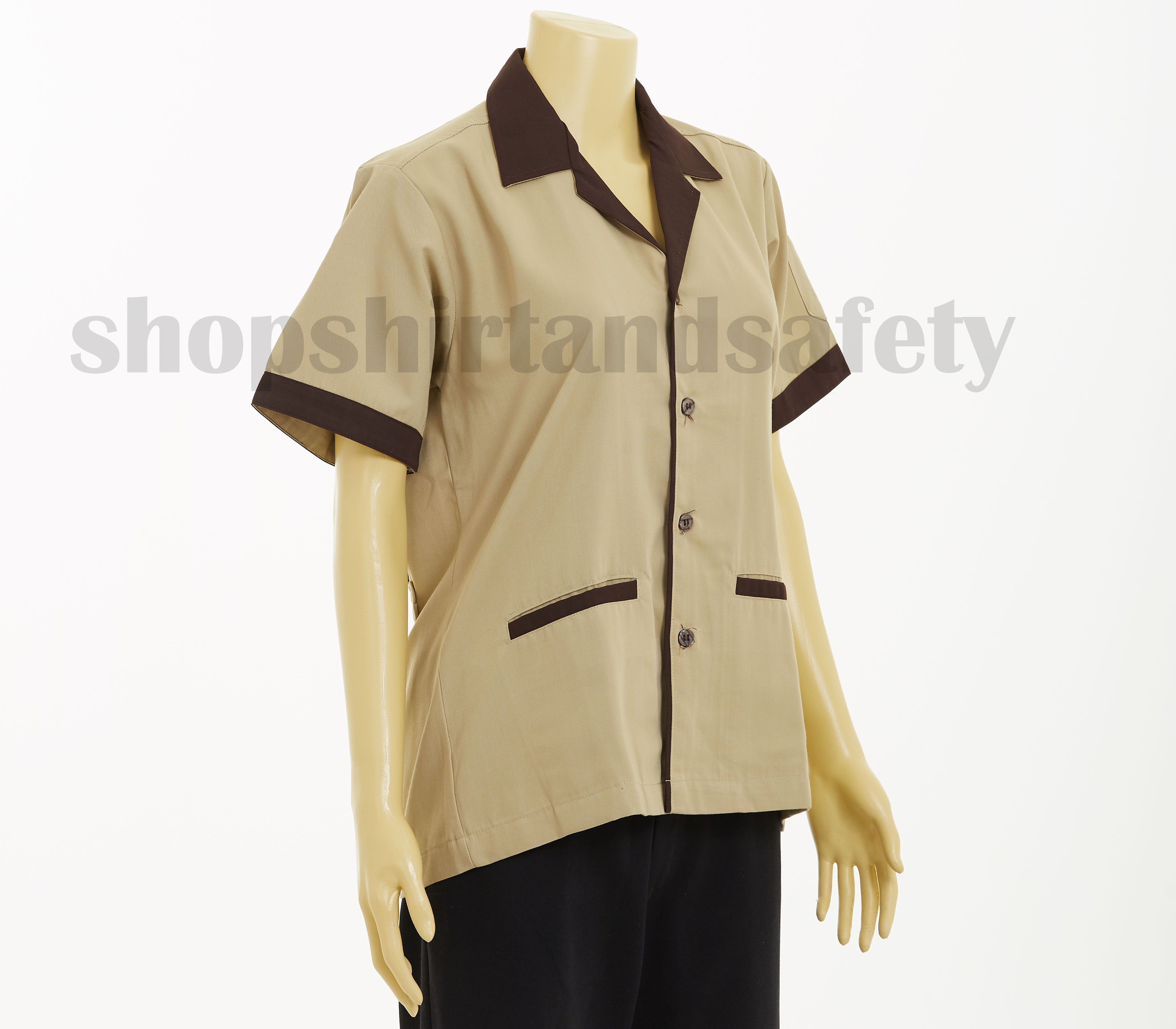 เสื้อแม่บ้านแขนสั้นคอฮาวายแบบสีน้ำตาลอ่อนปกน้ำตาลแก่