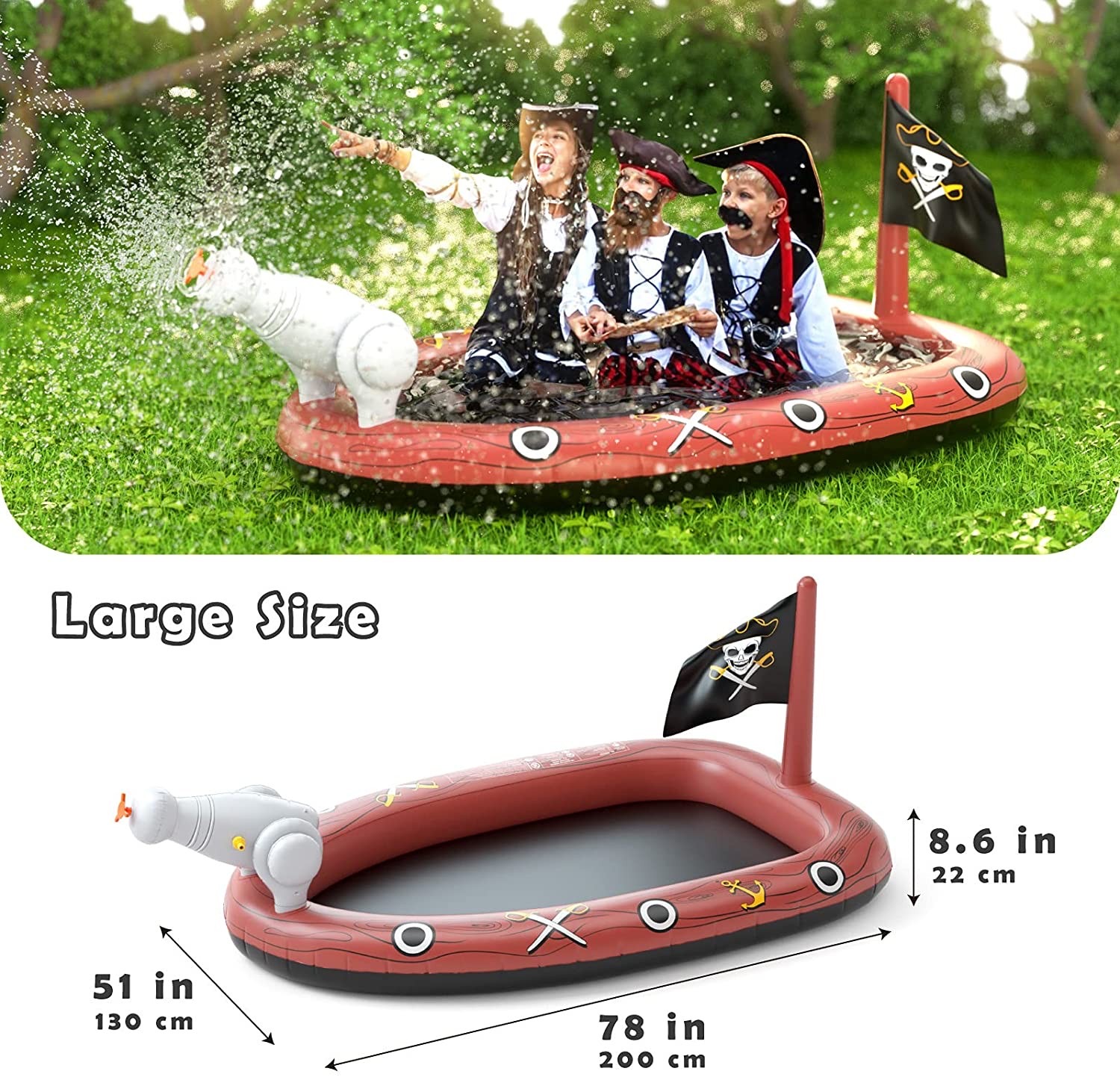 สระน้ำเป่าลมพร้อมสปริงเกอร์ Jasonwell Pirate Ship Inflatable Kiddie Pool with Sprinkler