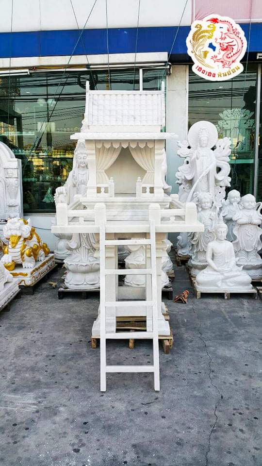 ศาลตายายหินอ่อนสีขาวชมพู ขนาดฐานกว้าง 81ซม ยาว 89ซม สูง 150ซม