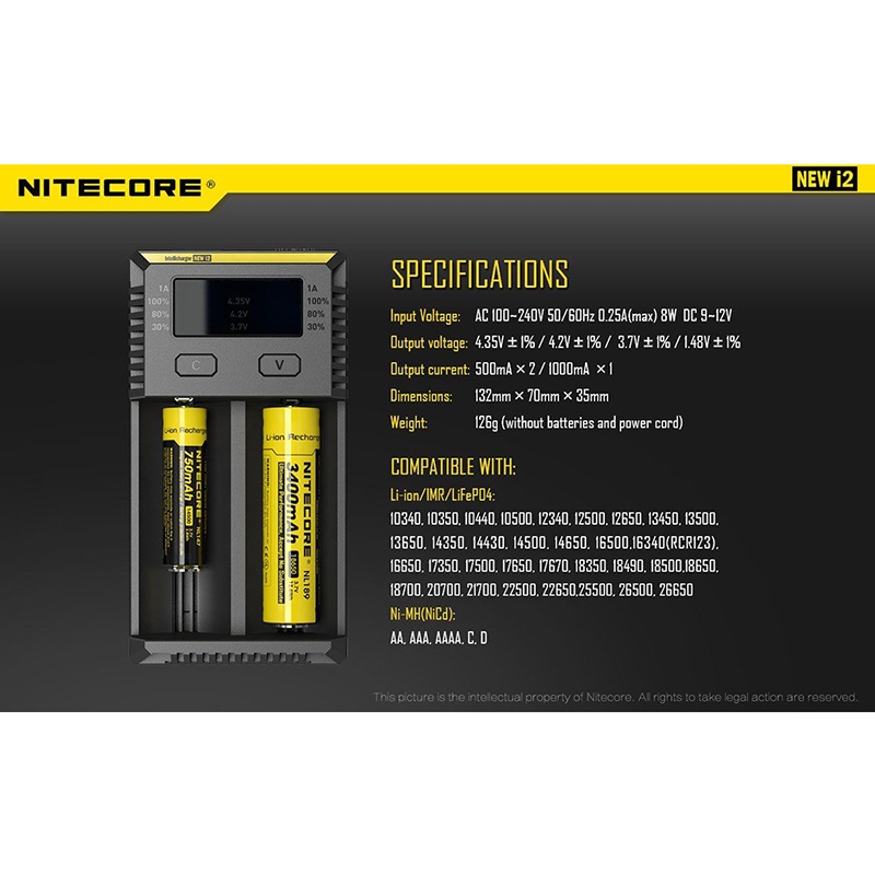 เครื่องชาร์จอัจฉริยะ Nitecore New i2 ชาร์จแบต Li-Ion, Ni-Cd, Ni-MH 2-ช่อง