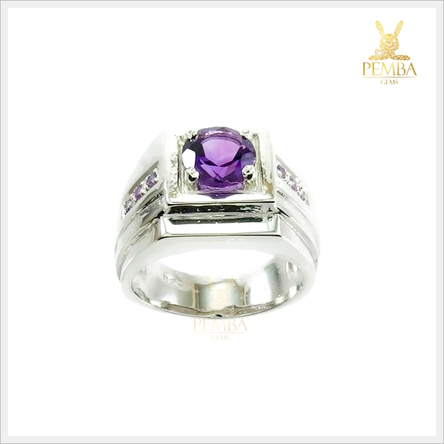 แหวนอเมทิสต์ ทรงกลม เงินแท้925 ชุบทองคำขาว แหวนพลอยแท้