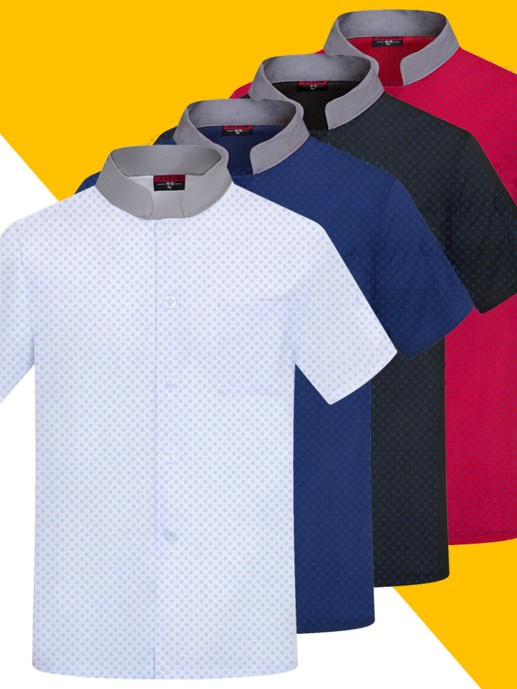 เสื้อผ้าทำงานเชฟผ้าไหมแห้งความเร็วสูงแบบตาข่ายสำหรับผู้ชายและผู้หญิงในช่วงฤดูร้อนแขนสั้นสำหรับร้านอาหารและโรงแรมระดับไฮเอนด์ เสื้อผ้าทำงานเชฟที่ระบายอากาศได้ดี m6810003 ขาว แดง น้ำเงิน ดำ M-4XL