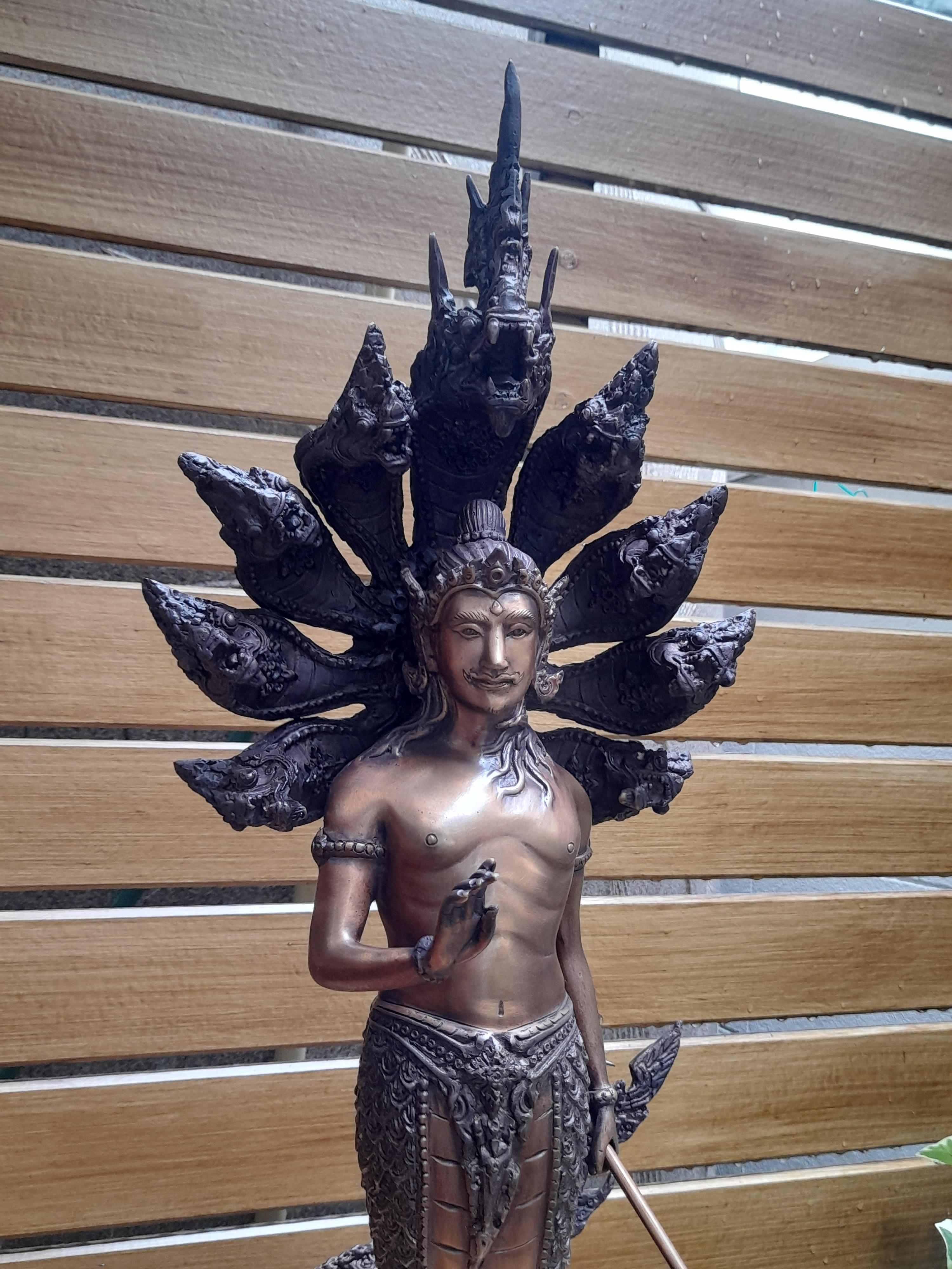 รูปหล่อ พญานาคราช ปาง ประทานพร มนุษย์ ครึ่งพญานาค นาคปรก 9หัว เศียร เนื้อทองเหลือง สีสัมฤทธิ์ (สูง22นิ้ว) (งานพรีออเดอร์สั่งทำ 2เดือน)