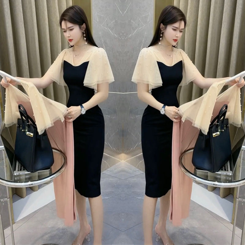 ลุคceoเดรสแฟชั่นไตล์ตะวันตก แต่งลูกปัดหวานมีสไตล์ไม่ซ้ำใคร W6506008 ดำ ชมพู L,XL ,XXL ,3XL