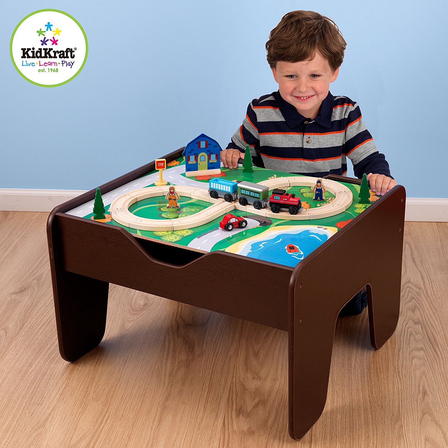 โต๊ะกิจกรรมสำหรับเลโก้พร้อมชุดรถไฟ Kidkraft 2-in-1 Activity Table with LEGO-Compatible Board and Train Set (Espresso)