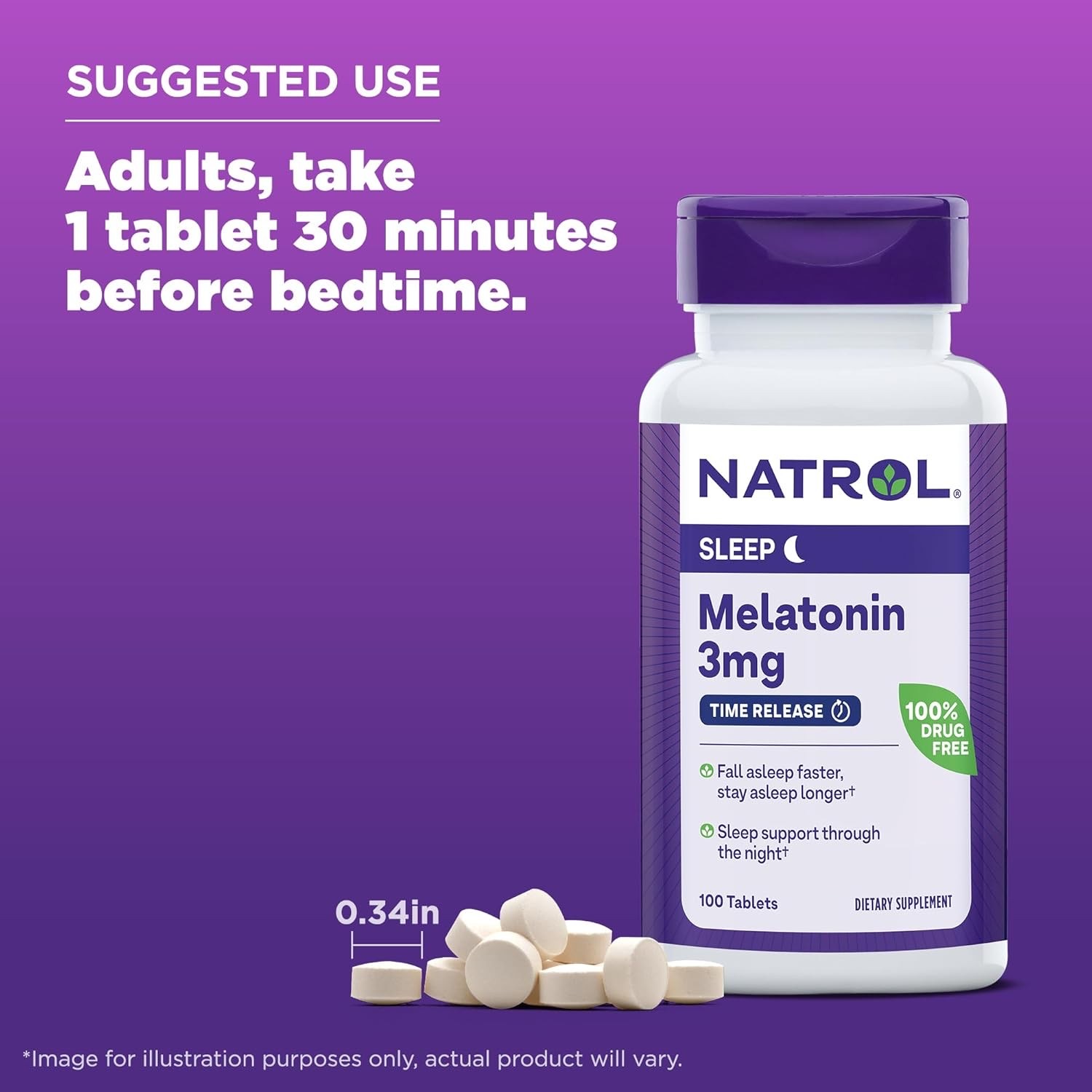 วิตามินเสริมการนอนหลับสำหรับผู้ใหญ่ NATROL Sleep Melatonin 3mg - Time Release (100 Tablets)