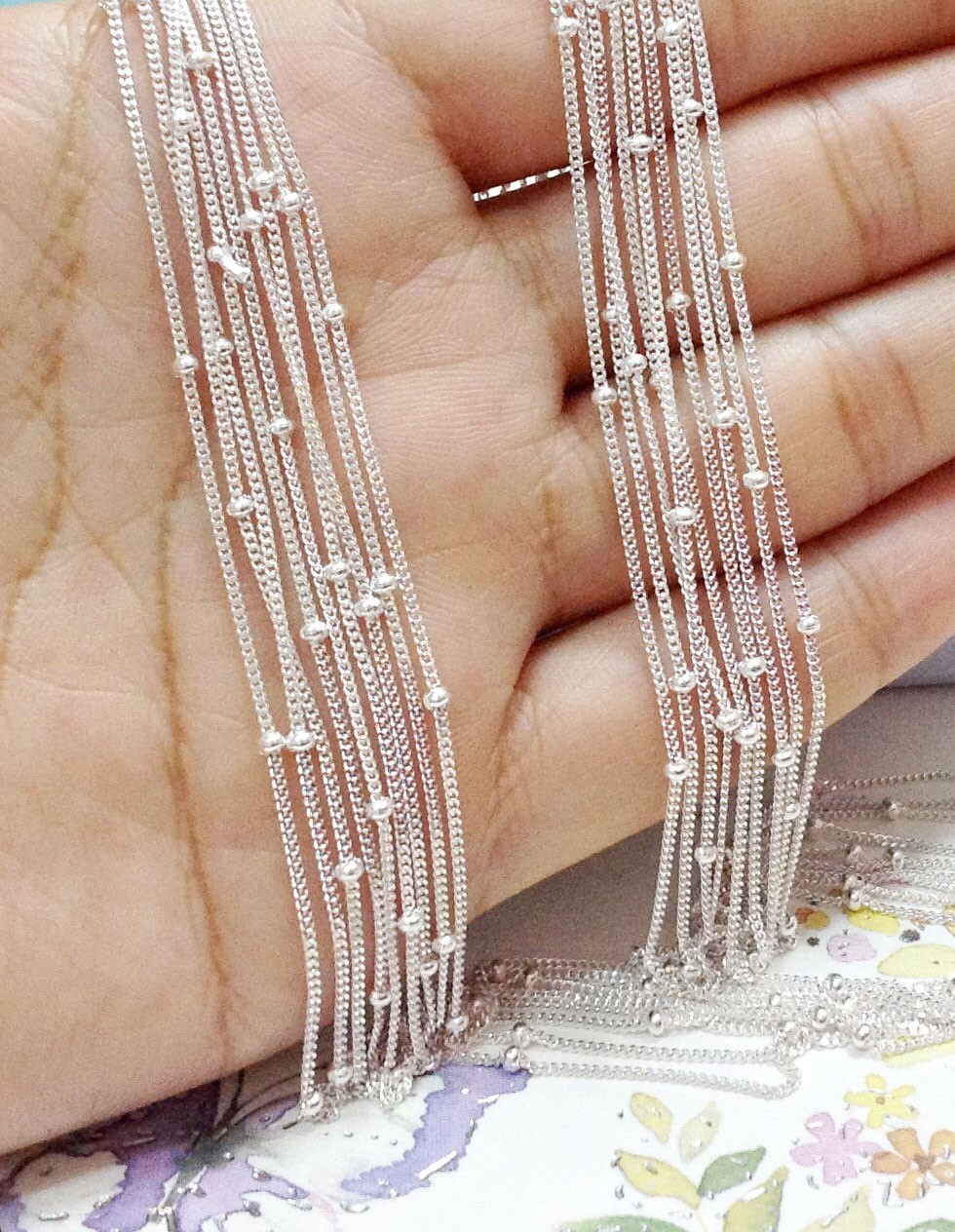 สร้อยเงินแท้ 92.5% ลายโซ่สลับหมุดกลมเส้นจิ๋ว ห้อยพระองค์เล็กๆก็สวย เหมาะกับผู้หญิง (งานอิตาลี)