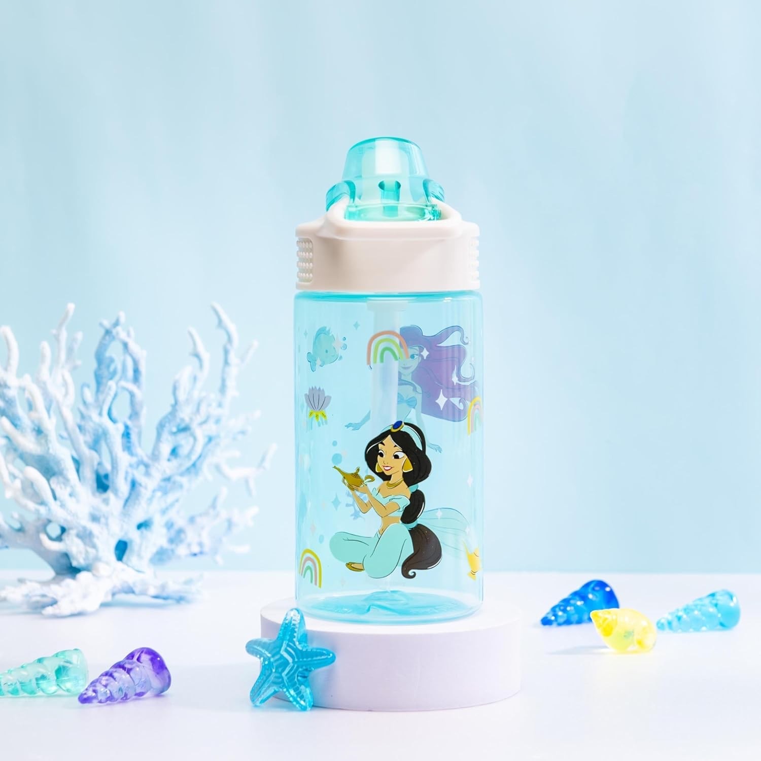 กระติกน้ำพร้อมหลอดดื่มสำหรับเด็ก Zak! Disney Princess Ariel & Jasmine 16 Oz. Sage Covered Spout Bottle