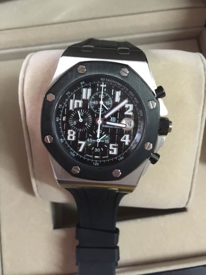 นาฬิกา Audemars Piguet Royal Oak Offshore Chrono เกรด Mirror สีเงิน กรอบสีดำ สายยางสีดำ หน้าปัดสีดำ ดีไซร์สปอตสวยสุดๆ