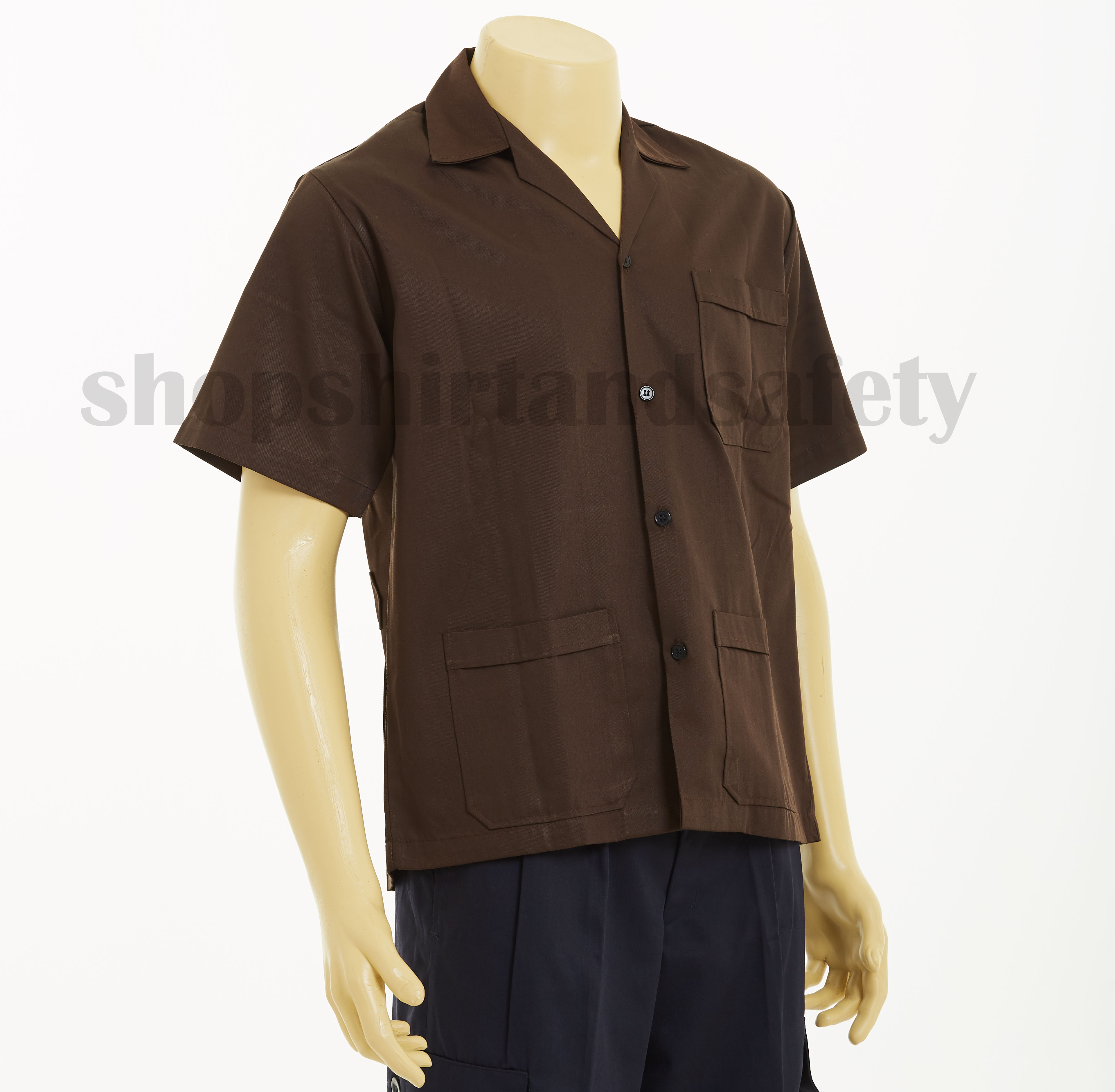 เสื้อช็อปแขนสั้นแบบสามกระเป๋าสีน้ำตาลหมูล้วน