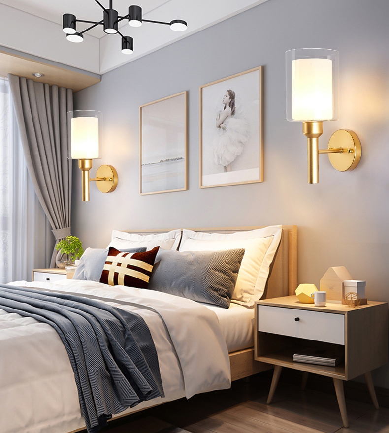 โคมไฟติดผนังภายใน โป๊ะโคมแก้วทรงกระบอก 2 ชั้น ตัวโคมสีทองสไตล์โมเดิร์นคลาสสิค [2034-gold]