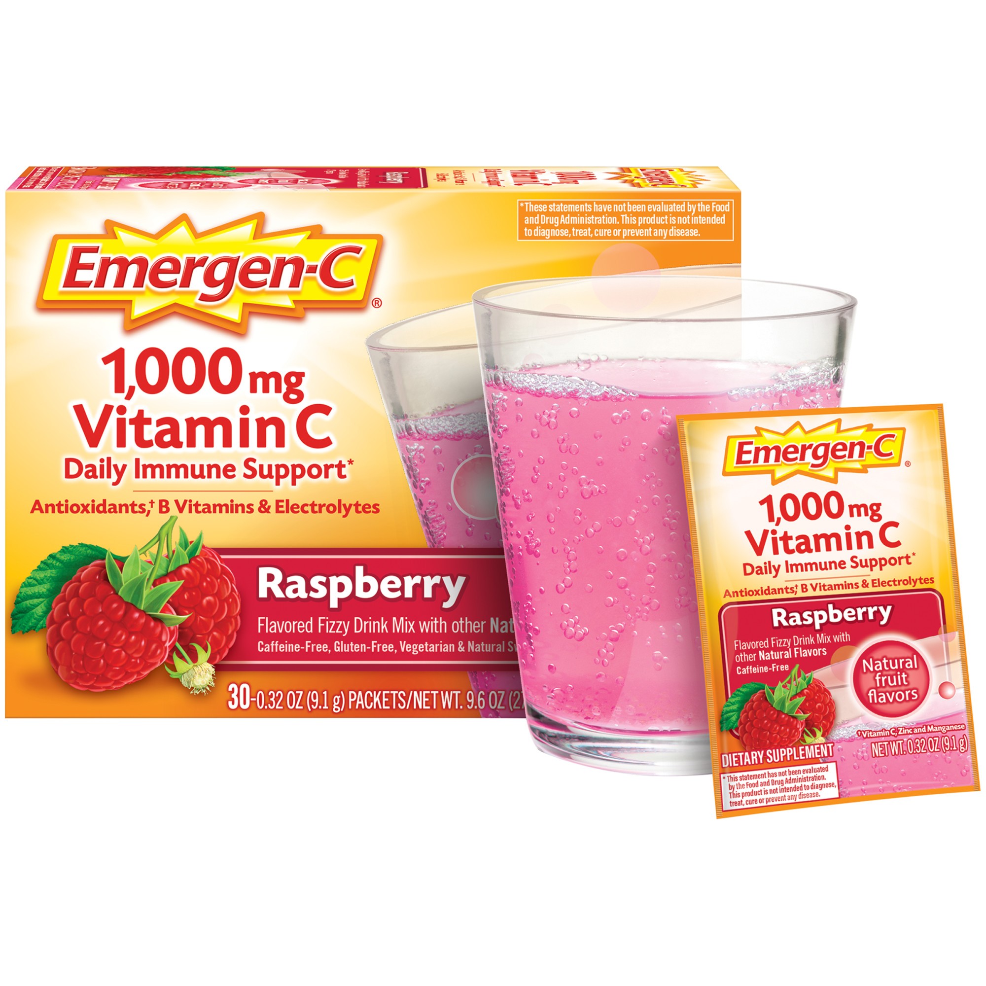 วิตามินเสริมภูมิคุ้มกันแบบซองละลายน้ำ Emergen-C 1,000mg Vitamin C Daily Immune Support (Raspberry)