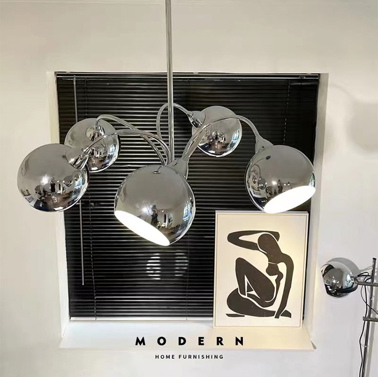 โคมไฟแขวนเพดานสีเงิน Chrome โป๊ะโคมทรงกลมเปิดปาก [HS5232]