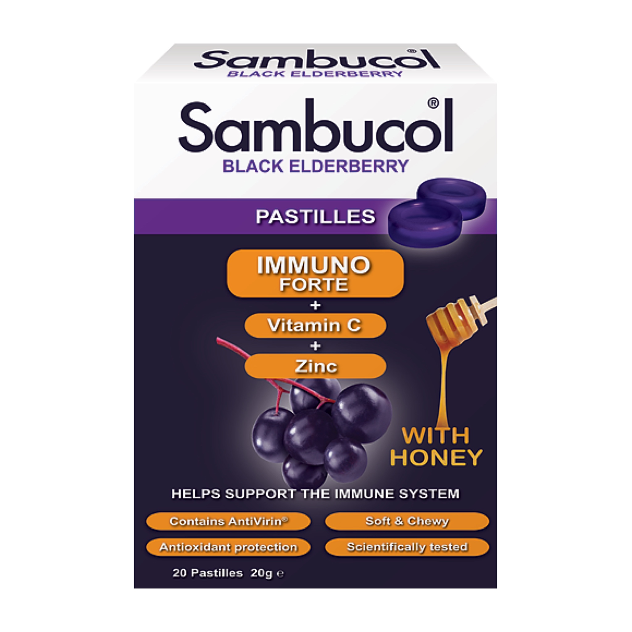 วิตามินเสริมภูมิคุ้มกันสำหรับเด็กโตและผู้ใหญ่ Sambucol Black Elderberry Pastilles IMMUNO FORTE + Vitamin C + Zinc