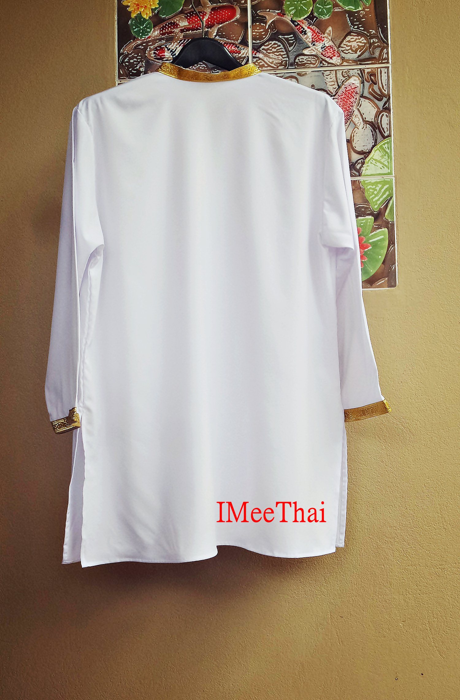 เสื้อ มนต์พิธี ดิ้นแถบสีทอง สีขาวแขนยาว