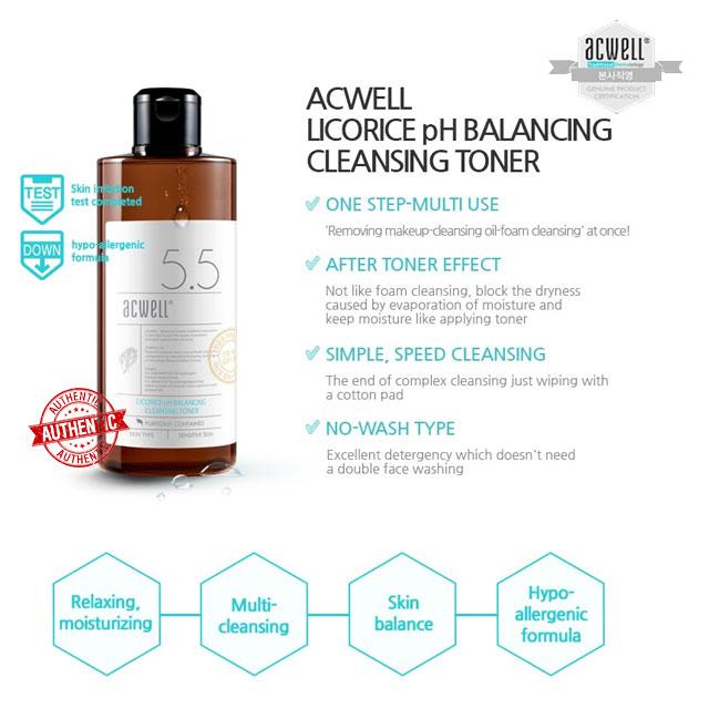 Acwell Locorice pH Balancing Cleansing Toner 150mL โทนเนอร์เช็ดผิว ที่ช่วยปรับสมดุล พร้อมกับให้ผิวที่สะอาดปราศจากสิ่งตกค้าง ทำให้ผิวพร้อมรับการบำรุงขั้นต่อไปอย่างเต็มประสิทธิภาพ อุดมด้วยสารสกัดธรรมชาติ Licorice และ Peony Extract ช่วยให้ผิวกระจ่างใส ดูเรีย