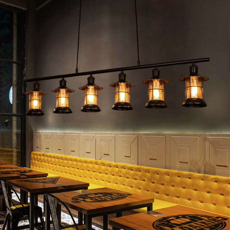 โคมไฟแขวนเพดานสไตล์ Retro industrial แบบคานยาว สีดำ โป๊ะโคมทรงกรงเหล็กแก้วแบบมีปีก [ML-04-D]