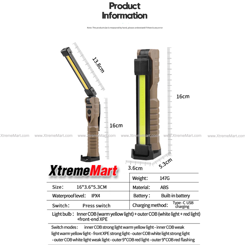 ไฟฉายโคมพับได้ COB Work Lights แสงขาว + แสงเหลือง + แสงแดง หมุนได้ 180องศา พร้อมแม่เหล็กและที่แขวน สำหรับซ่อมรถ ตั้งแคมป์