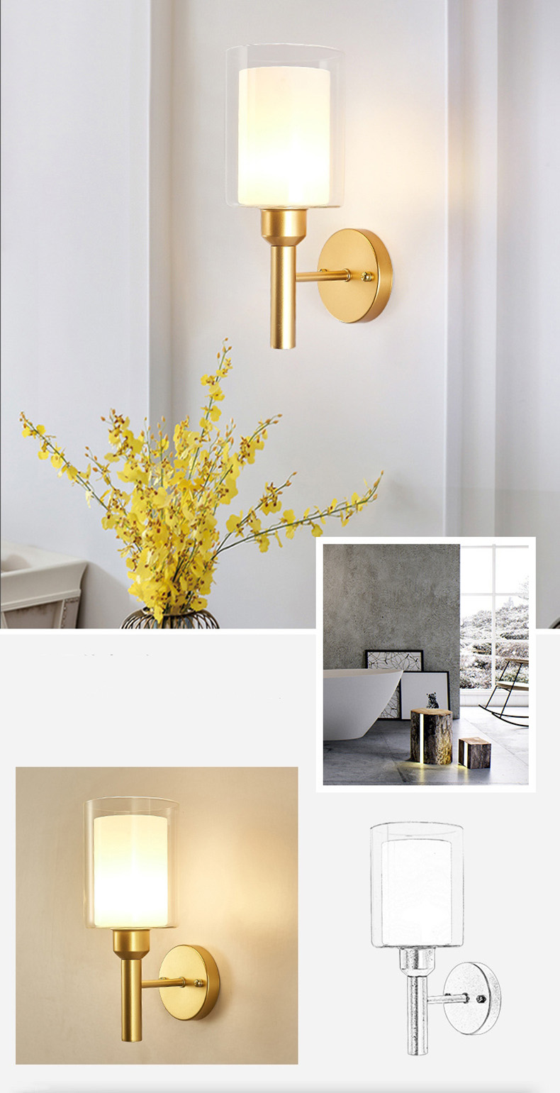 โคมไฟติดผนังภายใน โป๊ะโคมแก้วทรงกระบอก 2 ชั้น ตัวโคมสีทองสไตล์โมเดิร์นคลาสสิค [2034-gold]