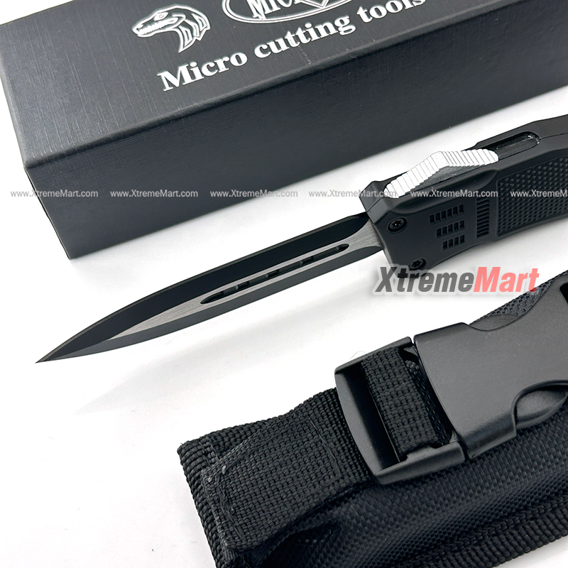มีดสปริงตรง คม 2 ด้าน Microtech Combat Troodon ขนาดใหญ่ คลิปสีดำ 00556 D/E Automatic Knife Camping Tool (Dual Front)