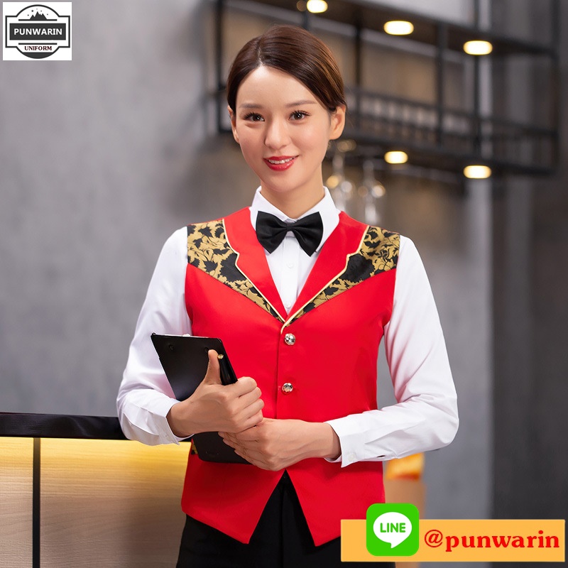 เสื้อกั๊กพนักงานไนท์คลับ KTV บาร์และเครื่องแต่งกายพนักงานหญิงเครื่องแบบเสื้อกั๊กโรงแรม N6507005 ทอง แดง M-4XL