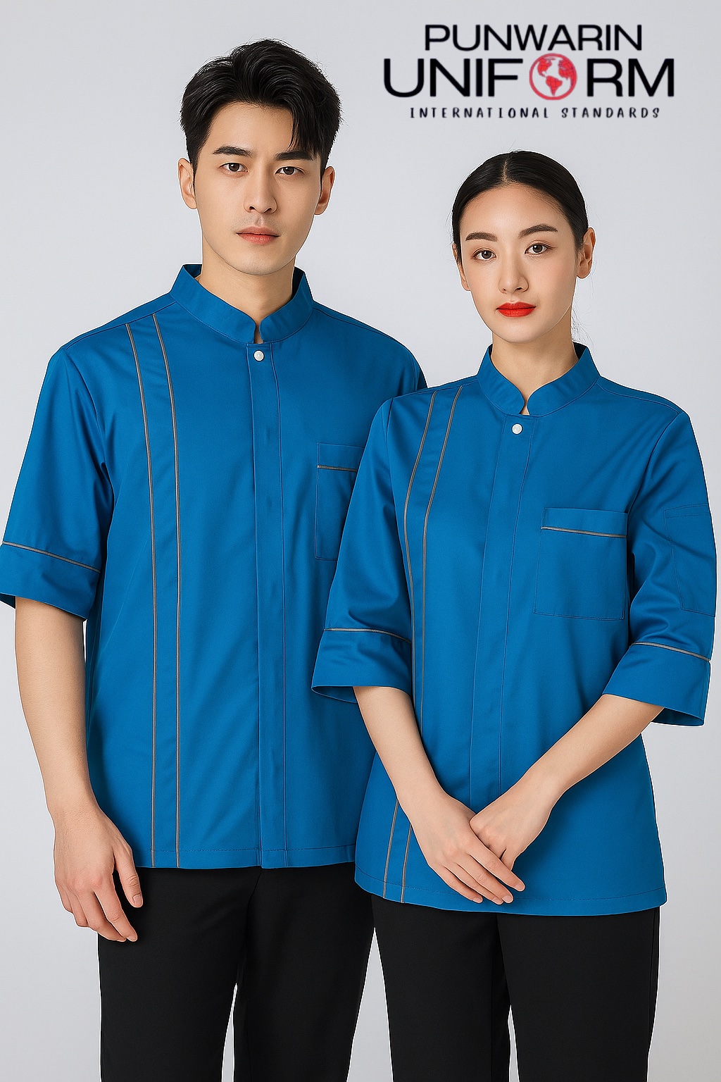 เสื้อเชฟสีฟ้าทะเลสาบ เสื้อพ่อครัว เสื้อแม่ครัว เสื้อพนักงานทำอาหาร เสื้อกุ๊ก เสื้อเชฟแขนศอก M6810002 สีฟ้าทะเลสาบ ตัดตามไซส์ (มีจำนวนขั้นต่ำ)