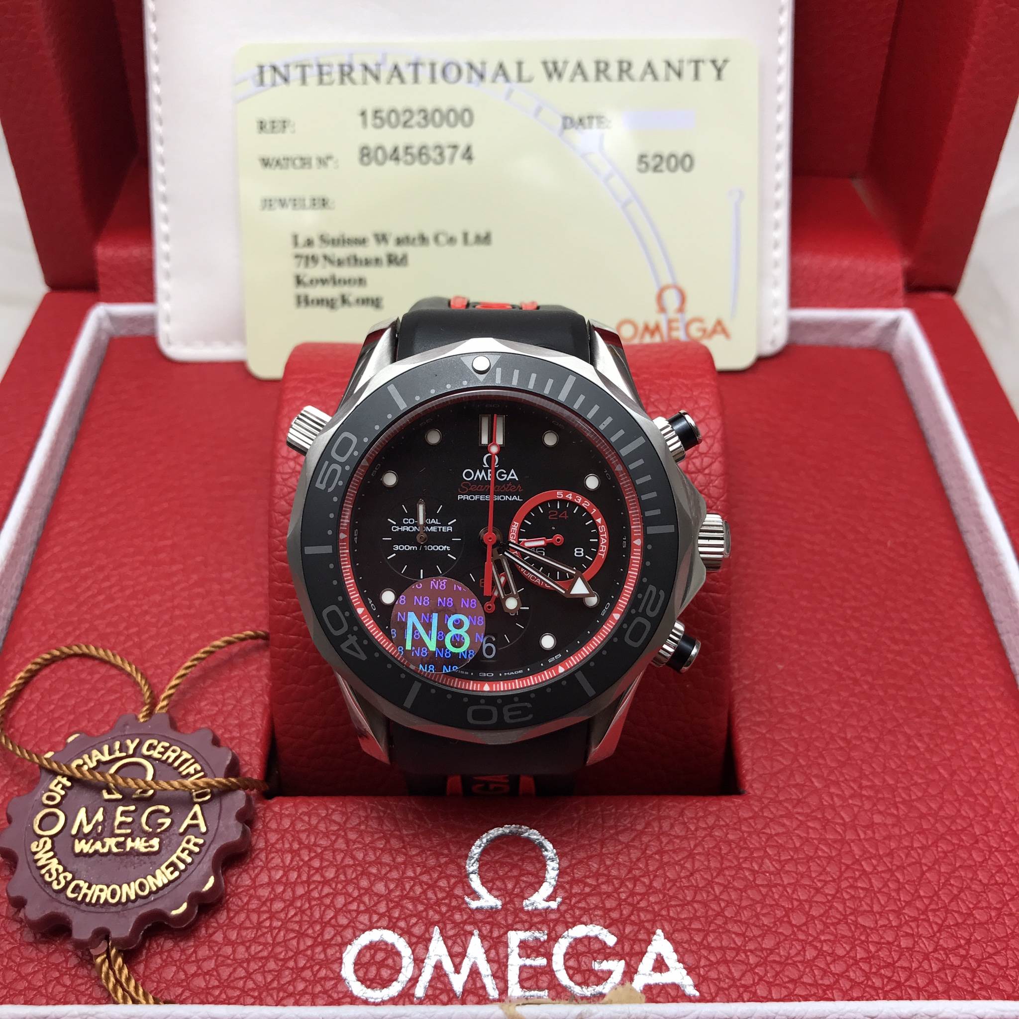นาฬืกา Omega รุ่น Seamaster Chronograph America's Cup 2013 สีเงิน สายยางสีดำ-แดง