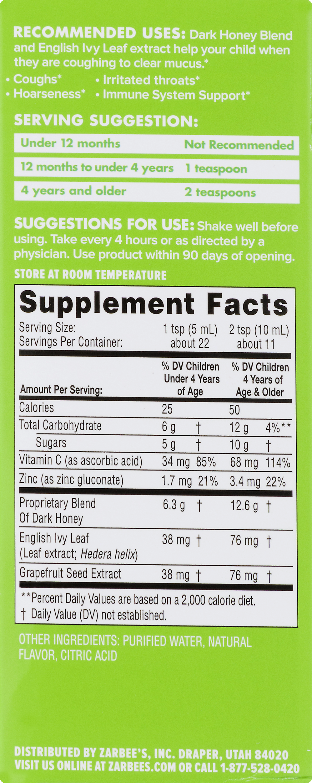 สมุนไพรบรรเทาอาการไอและลดน้ำมูกสำหรับเด็ก ZARBEE'S Naturals Children's Cough Syrup + Mucus with Dark Honey & Ivy Leaf