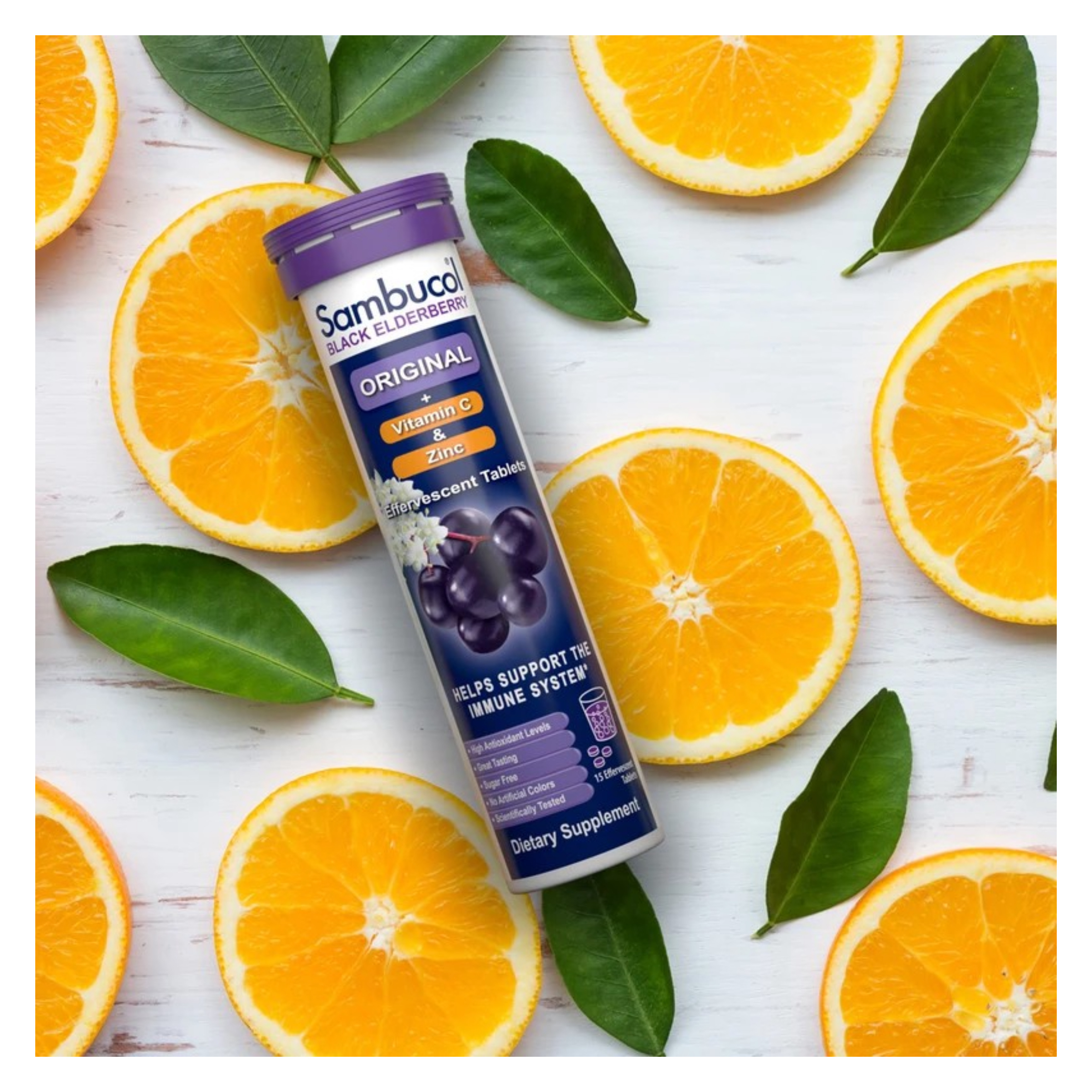 วิตามินเสริมภูมิคุ้มกันชนิดเม็ดละลายน้ำ Sambucol Black Elderberry Effervescent Tablets + Vitamin C & Zinc