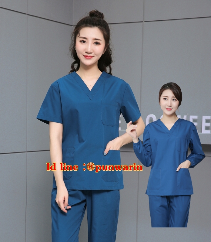ชุดฟอร์มพนักงานสำเร็จรูป ชุดหมอผ่าตัด ชุดพยาบาลห้องผ่าตัด เอวยางยืด T6211004-4 สีฟ้าเข้ม S-3XL