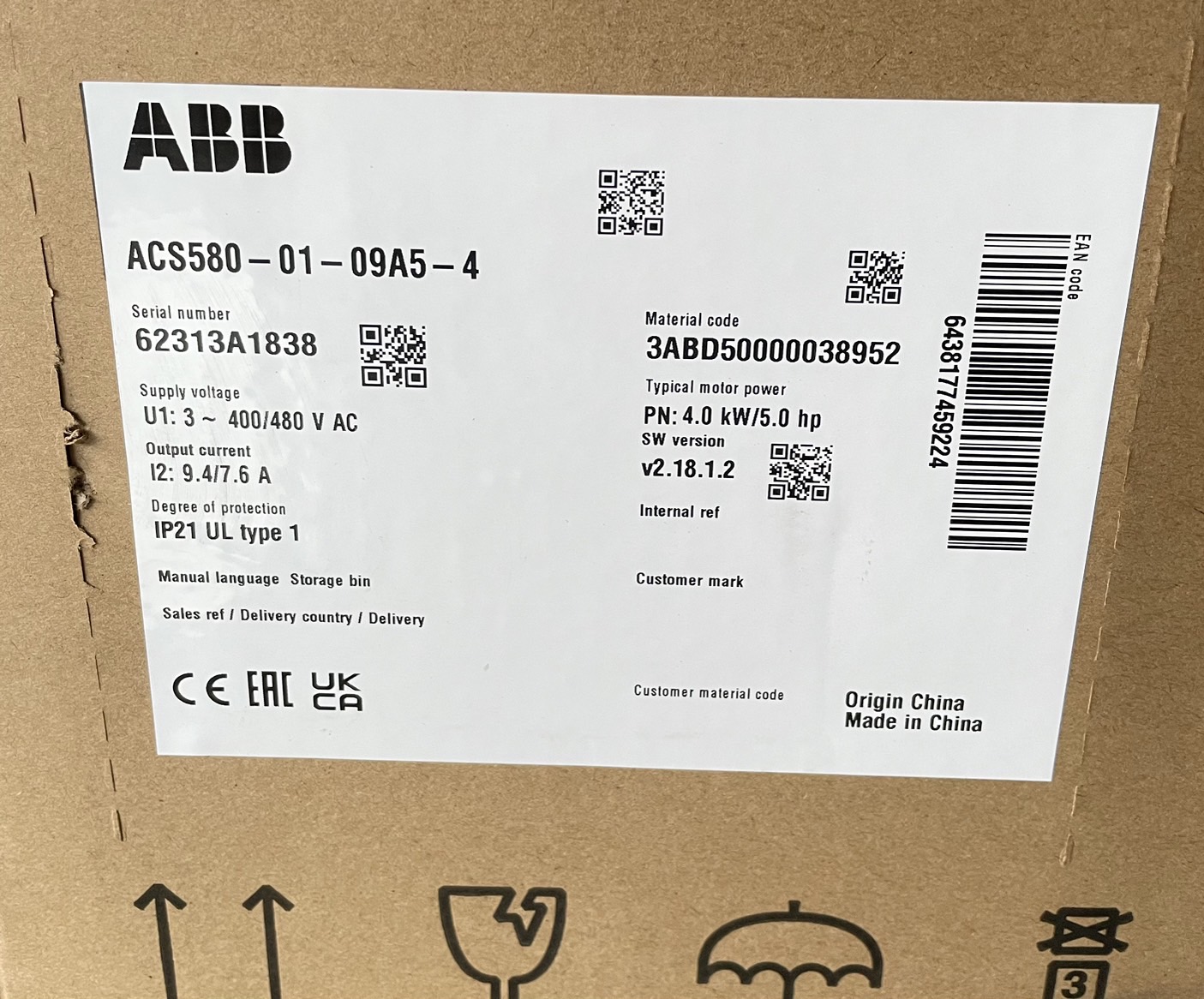ABB INVERTER ACS580 MODEL:ACS580-01-09A5-4+J400 (5hp 4 kw) Input 3-Phase 380V Output 3-Phase 380V